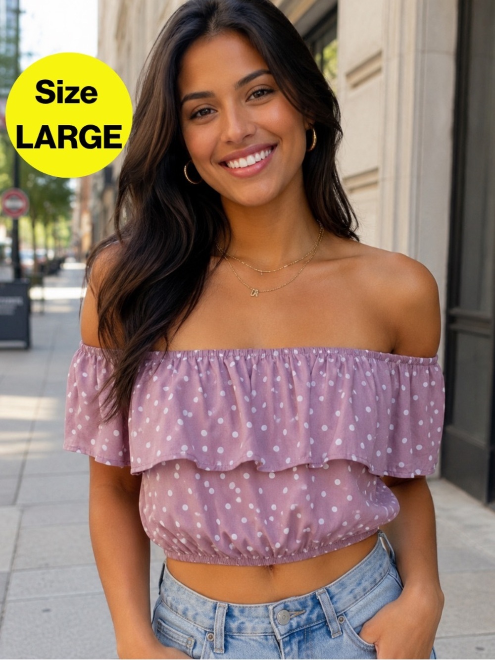 3/for $15 🍒 IRIS Mauve Polka Dot Off-Shoulder Crop Top (Women’s Large)